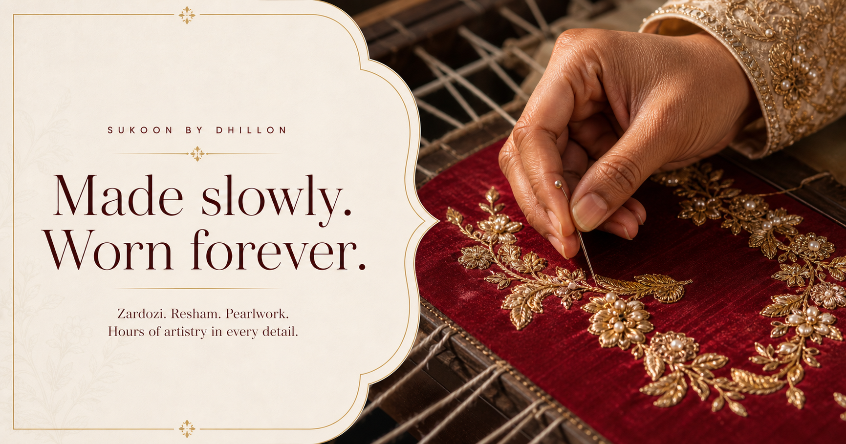 Artisan creating detailed zardozi, resham and pearl handwork